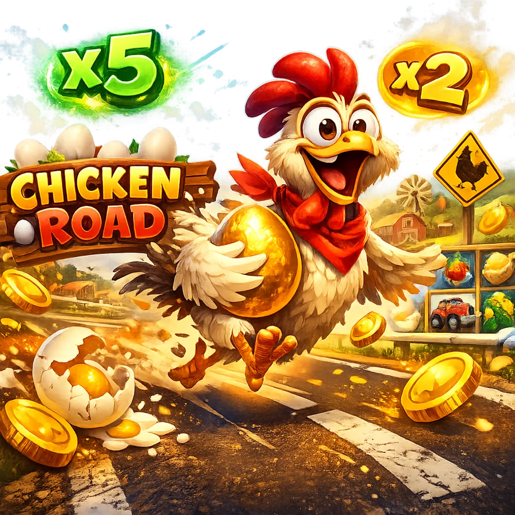 Bright promo image featuring a comical chicken on a road with eggs, feathers, and coins, reflecting the playful 'Chicken Road
