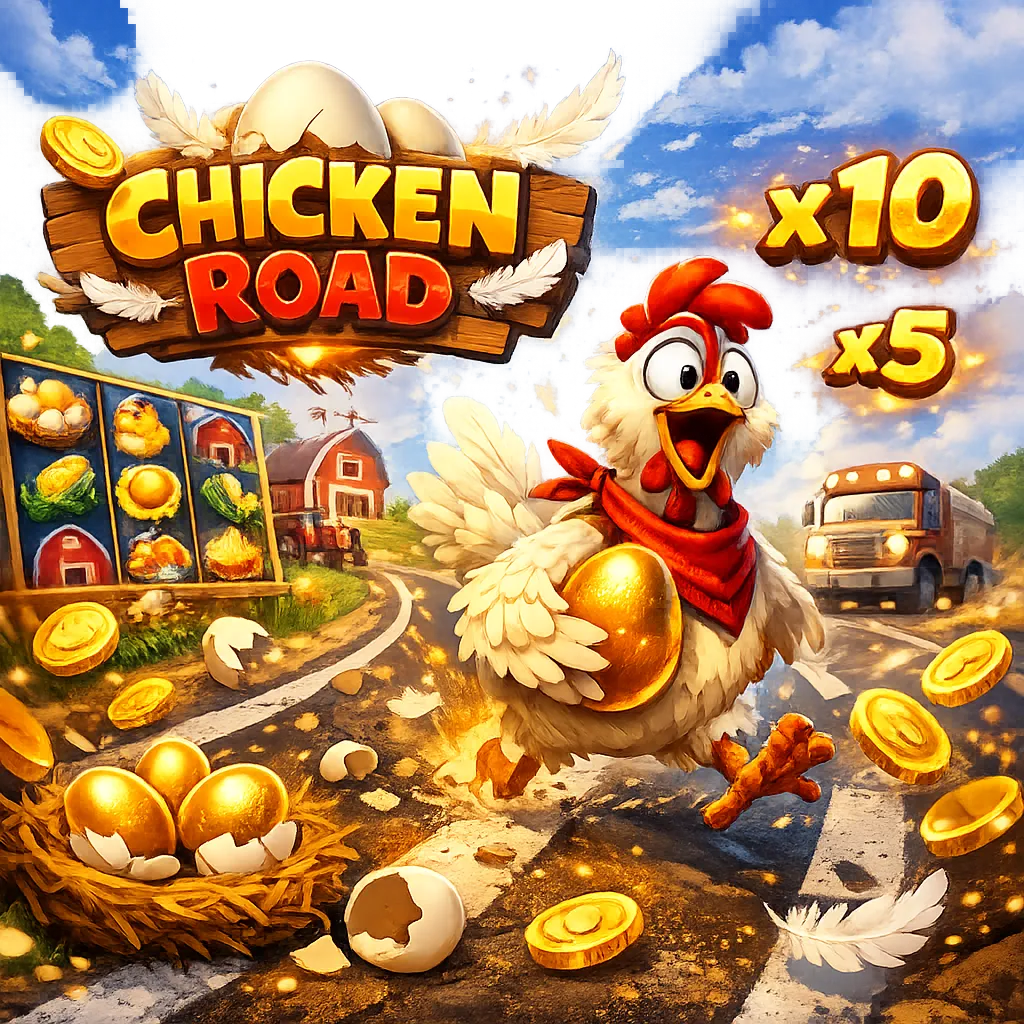 Bright promo image for Chicken Road slot, featuring funny chicken, road lanes, coins, eggs, and animated visuals.