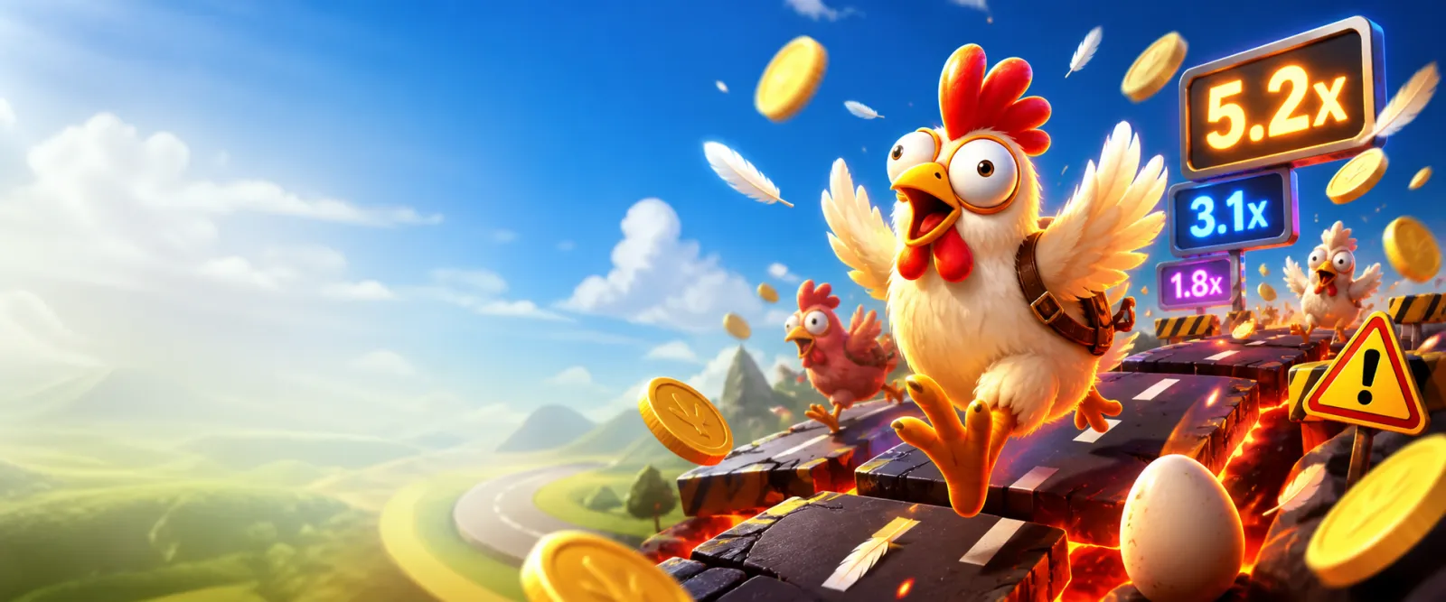 Dynamic Chicken Road slot promo banner with road lanes, feathers and playful arcade energy.
